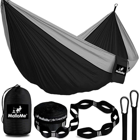 Double Portable Camping Hammock with Straps - Black & Grey