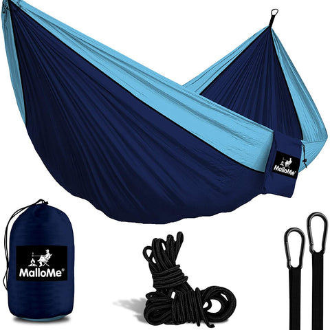 Double Portable Camping Hammock With Ropes - Navy Blue & Sky Blue