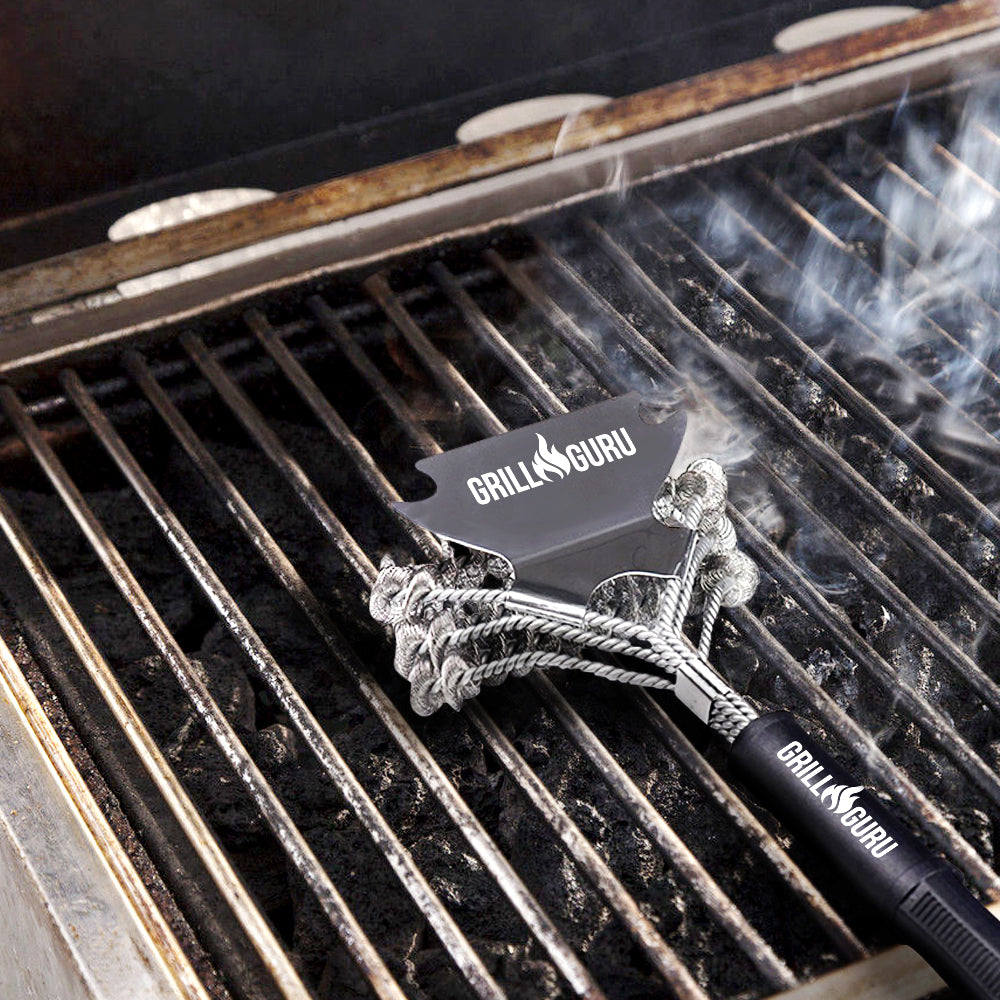 GrillGuru BBQ Grill Brush - Extra Strong BBQ Cleaner - Safe Wire Bristles Stainless Steel Barbecue Triple Scrubber Cleaning Brush for Gas and Chargoal