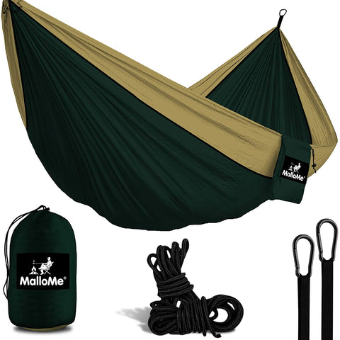 Double Portable Camping Hammock With Ropes - Dark Green & Khaki