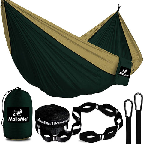 Double Portable Camping Hammock With Straps - Dark Green & Khaki