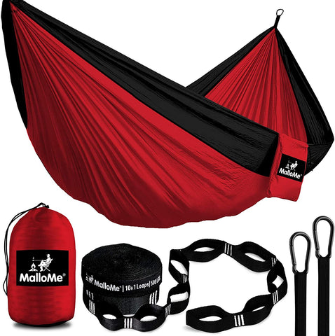 Double Portable Camping Hammock with Straps - Red & Black